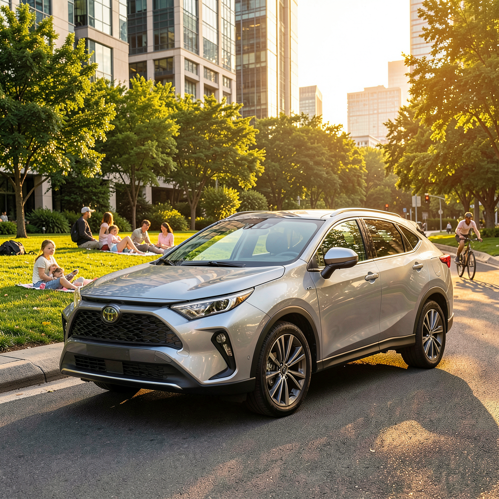 Toyota RAV4 2025 en gris, arrière de la voiture montrant les feux de position et les jantes en alliage. L'accent est mis sur la voiture hybride