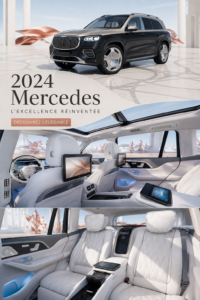 Mercedes-Maybach GLS600 2024, véhicule luxueux reflets sous un coucher de soleil.