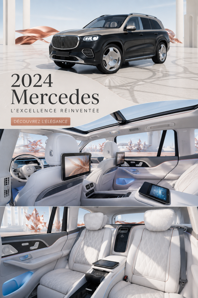 Mercedes-Maybach GLS600 2024, véhicule luxueux reflets sous un coucher de soleil.