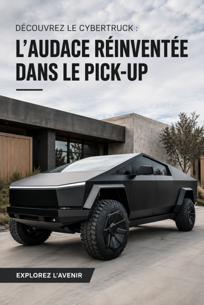 Cybertruck de Tesla sous un ciel ensoleillé, dévoilant son design futuriste et angular.