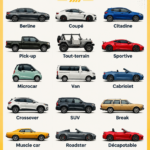 Différents types de carrosseries de voiture présentés sur un fond neutre.