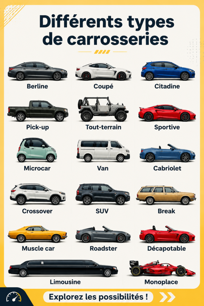 Différents types de carrosseries de voiture présentés sur un fond neutre.