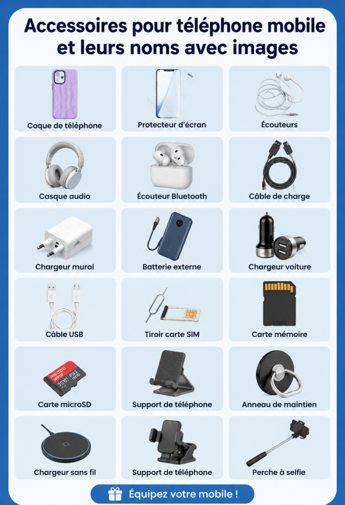 Un smartphone avec divers accessoires colorés pour personnaliser l'appareil.
