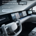 Présentation de la voiture électrique AFEELA, produit de Sony et Honda, sur un fond urbain.