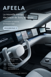 Présentation de la voiture électrique AFEELA, produit de Sony et Honda, sur un fond urbain.