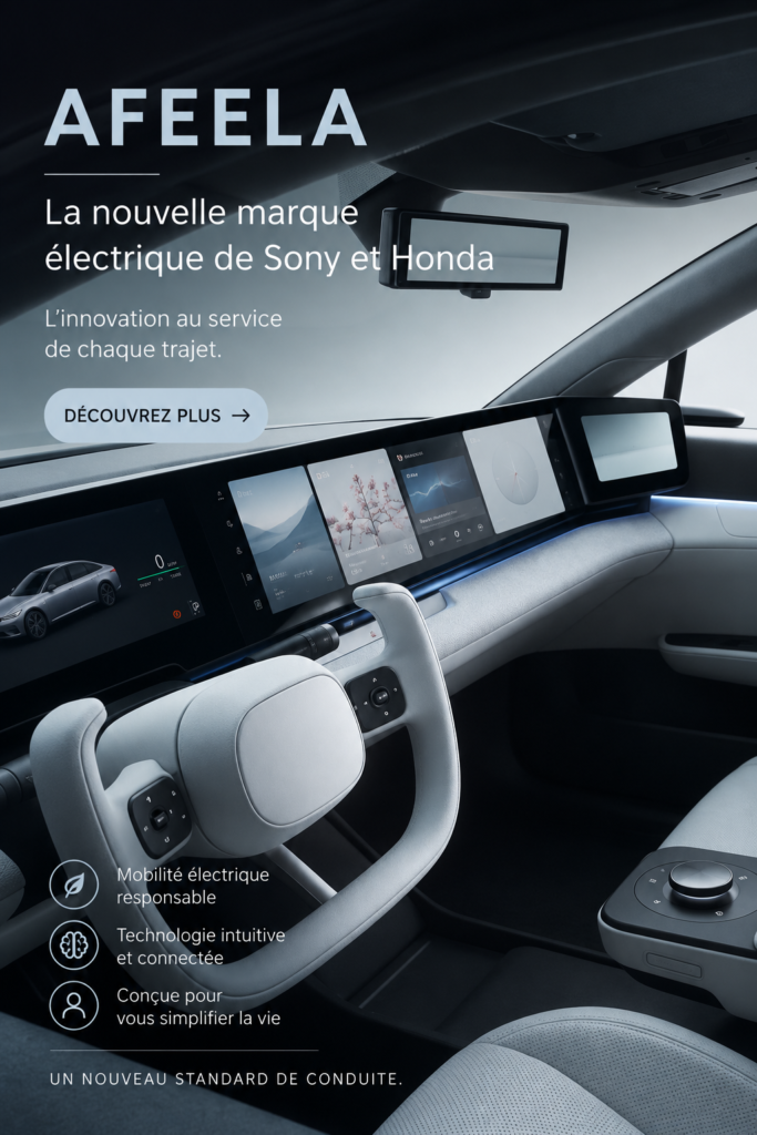 Présentation de la voiture électrique AFEELA, produit de Sony et Honda, sur un fond urbain.