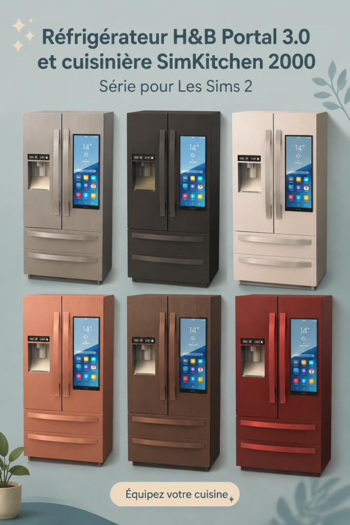 Réfrigérateur H&B Portal 3.0 et four SimKitchen 2000 dans The Sims 2, références modernes pour la cuisine virtuelle.