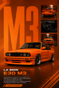 BMW E30 M3 garée dans un cadre urbain, mettant en avant ses lignes élégantes et son style sportif.