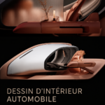 Croquis intérieur d'une voiture moderne, mettant en avant des lignes futuristes et des matériaux innovants.