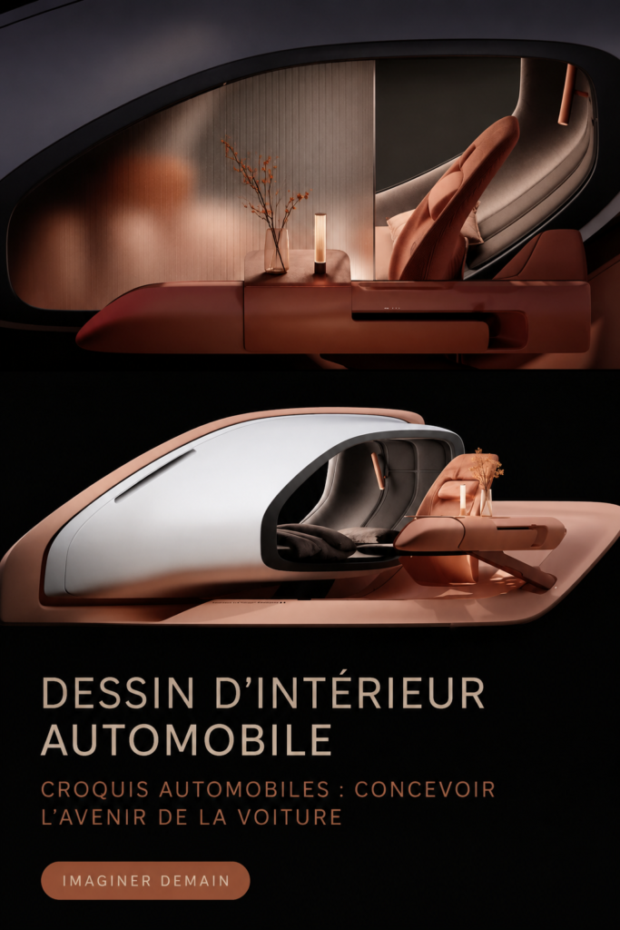 Croquis intérieur d'une voiture moderne, mettant en avant des lignes futuristes et des matériaux innovants.