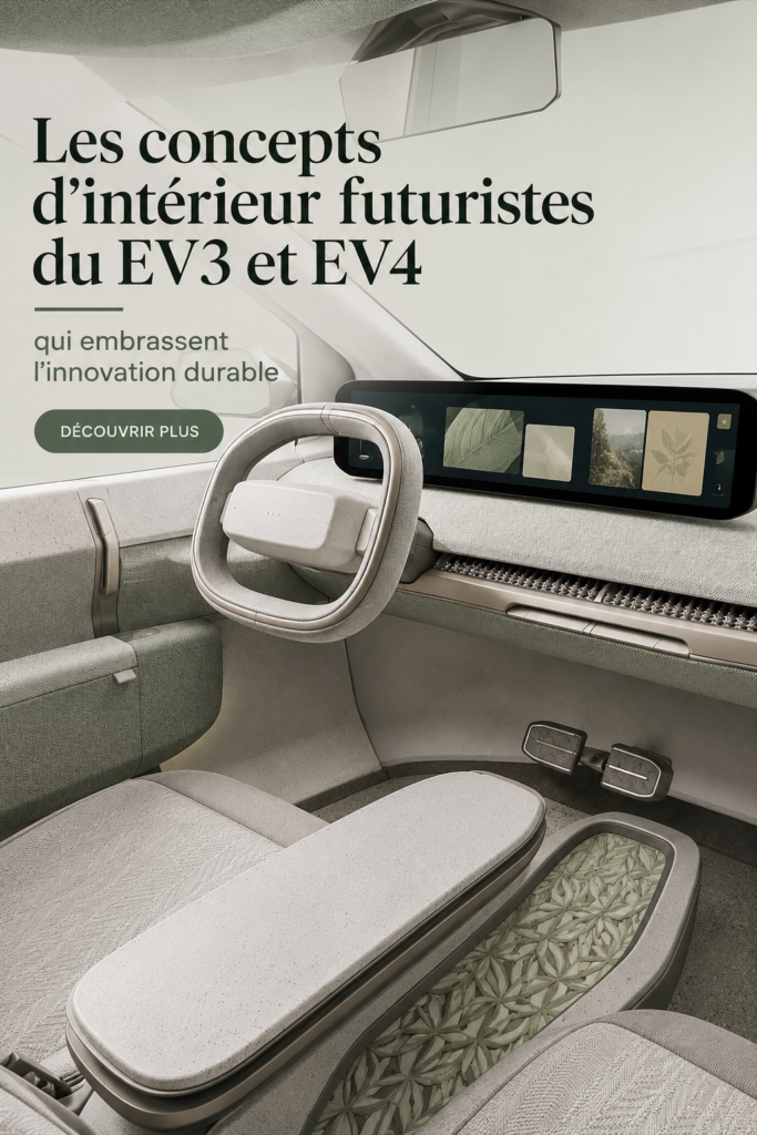 Concept futuriste intérieur de la KIA EV3, mettant en avant la durabilité et le design innovant.
