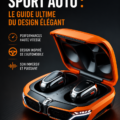 Écouteurs noirs au design automobile sur un fond épuré.