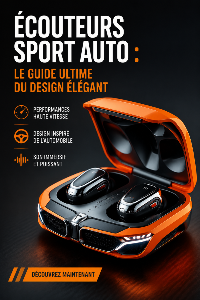 Écouteurs noirs au design automobile sur un fond épuré.