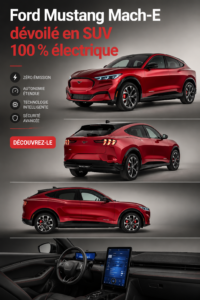 Un SUV Ford Mustang Mach-E électrique sur une route moderne, illustrant son design élégant et futuriste.