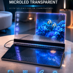 Ordinateur portable Lenovo MicroLED transparent sur un bureau élégant