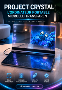 Ordinateur portable Lenovo MicroLED transparent sur un bureau élégant