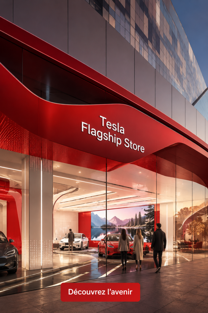 Vue extérieure du flagship store Tesla avec un design moderne et épuré.