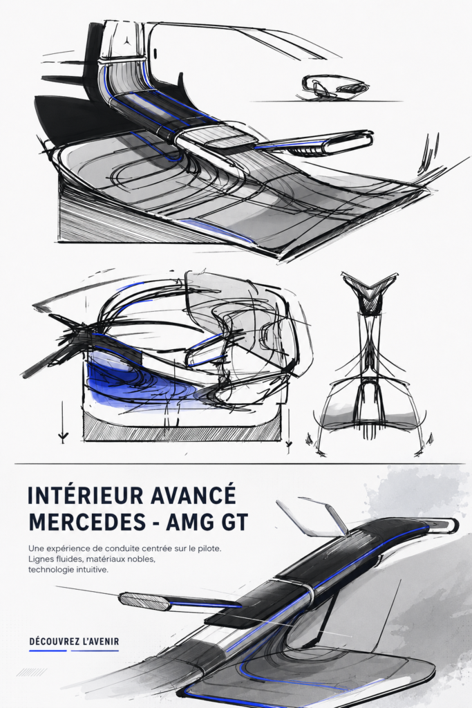 Intérieur de la Mercedes AMG GT montrant le luxe et la technologie avancée.