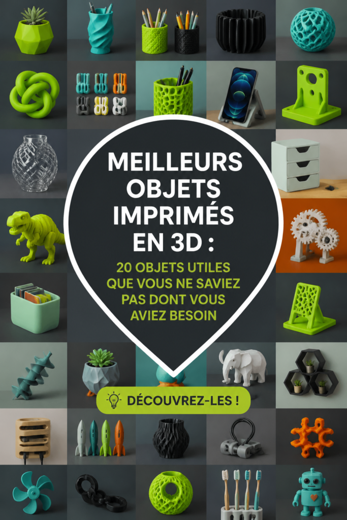 Vue de plusieurs objets imprimés en 3D sur une table, illustrant leur utilité et innovation.