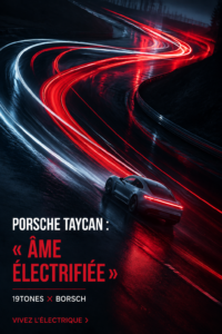 Porsche Taycan en vue latérale, mettant en avant son design élégant et sportif.