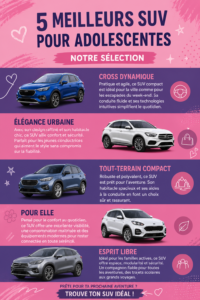 SUVs modernes adaptés aux adolescentes dans un décor urbain.