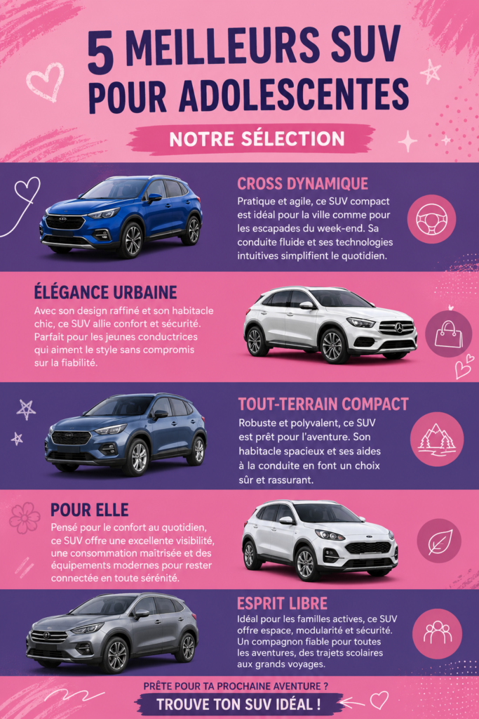SUVs modernes adaptés aux adolescentes dans un décor urbain.