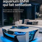 Table basse aquarium inspirée de BMW, avec design moderne et aquariums intégrés.