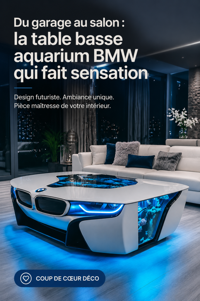 Table basse aquarium inspirée de BMW, avec design moderne et aquariums intégrés.