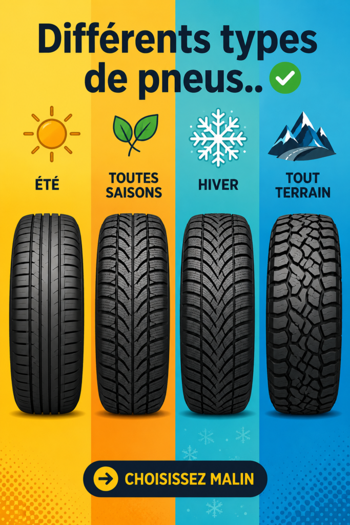 Différents types de pneus de voiture alignés sur un fond neutre