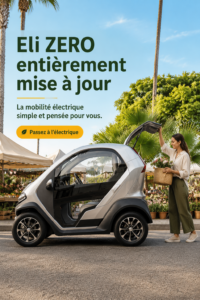Voiture électrique Eli ZERO sur une route ensoleillée