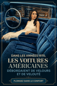 Une voiture américaine des années 70 avec un intérieur en velours luxueux, représentant le style et le confort de l'époque.