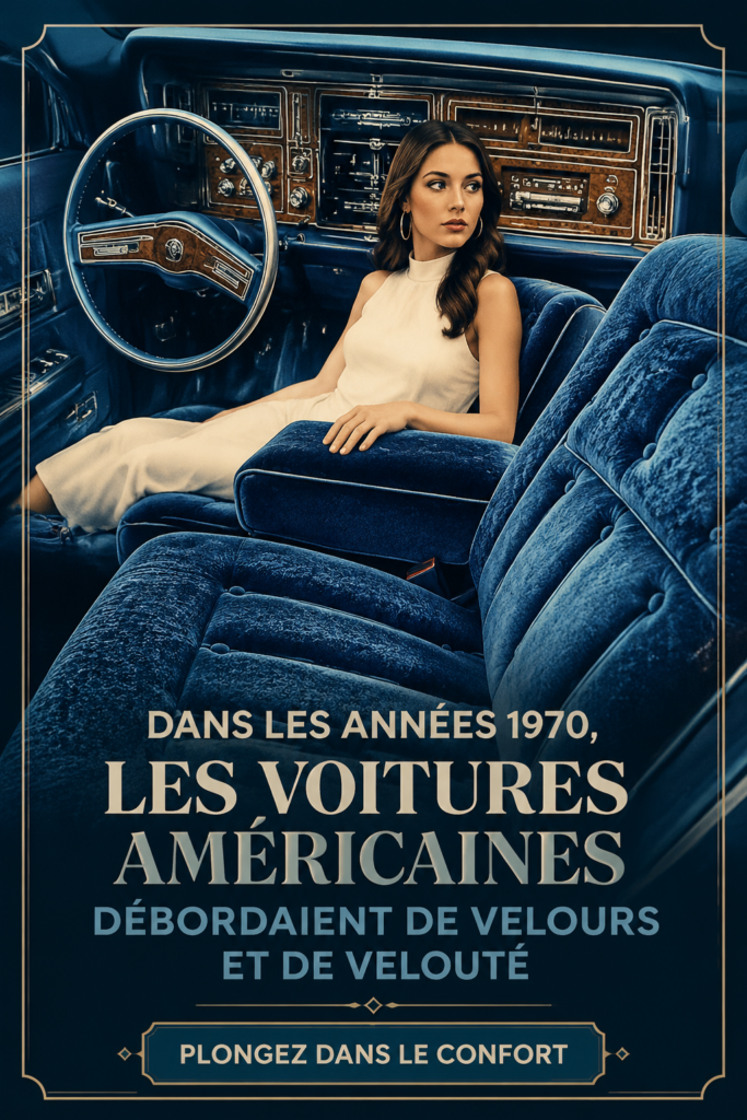 Une voiture américaine des années 70 avec un intérieur en velours luxueux, représentant le style et le confort de l'époque.