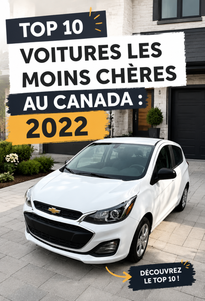 Présentation des voitures les moins chères au Canada en 2022 avec plusieurs modèles sur une route.