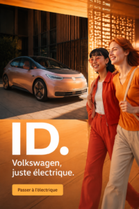 Vue d'une voiture électrique Volkswagen ID. sur une route ensoleillée, mettant en avant l'éco-responsabilité.