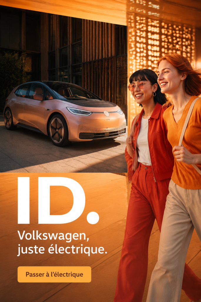 Vue d'une voiture électrique Volkswagen ID. sur une route ensoleillée, mettant en avant l'éco-responsabilité.