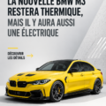 Le nouveau BMW M3 devant un paysage urbain, exposant son design moderne et sportif.