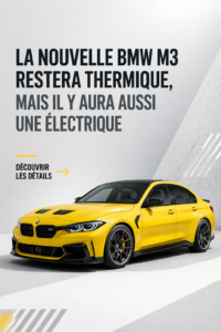 Le nouveau BMW M3 devant un paysage urbain, exposant son design moderne et sportif.