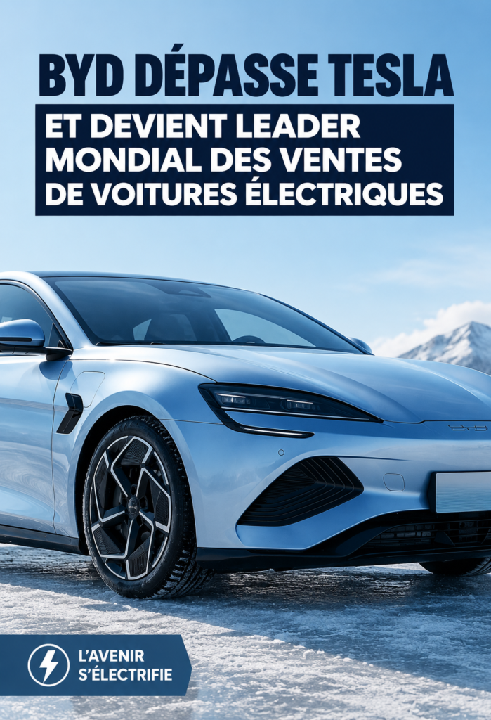 Modèle de voiture électrique BYD sur route, représentant l'innovation et la croissance de la marque.