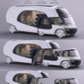 Un camping-car moderne avec une voiture intégrée, prêt à partir pour l'aventure.
