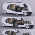 Un camping-car moderne avec une voiture intégrée, prêt à partir pour l'aventure.