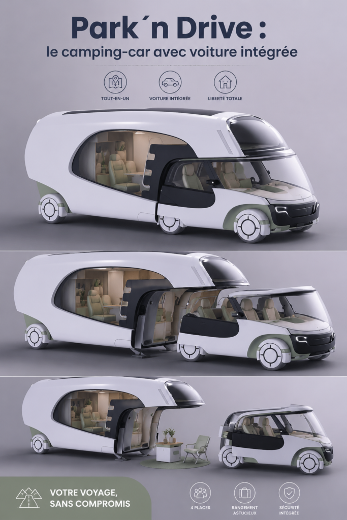 Un camping-car moderne avec une voiture intégrée, prêt à partir pour l'aventure.