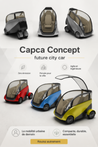 La Capca Concept, une voiture urbaine au design futuriste, garée dans un environnement citadin.