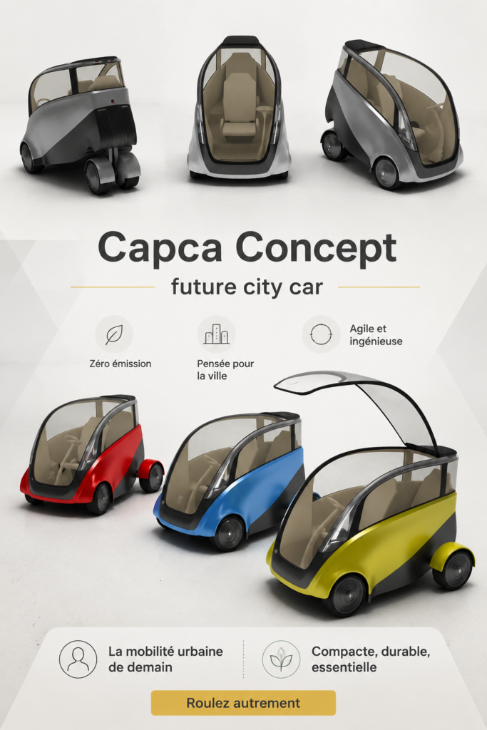 La Capca Concept, une voiture urbaine au design futuriste, garée dans un environnement citadin.