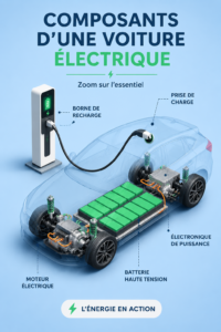 Aperçu des composants clés d'une voiture électrique sur un fond écologique.