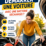 Femme regardant sous le capot d'une voiture avec une batterie déchargée