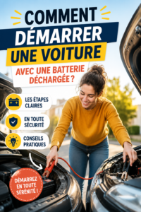 Femme regardant sous le capot d'une voiture avec une batterie déchargée