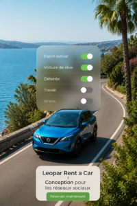 Une voiture de location stylisée sur une belle route d'été avec un paysage attractif.