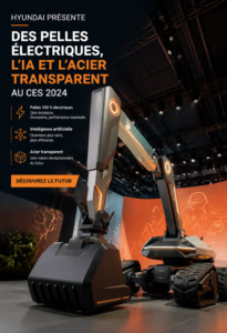 Excavatrice électrique de Hyundai au CES 2024, intégrant technologie avancée et design moderne.