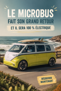 Microbus Volkswagen électrique en pleine nature, symbole de liberté et d'aventure.
