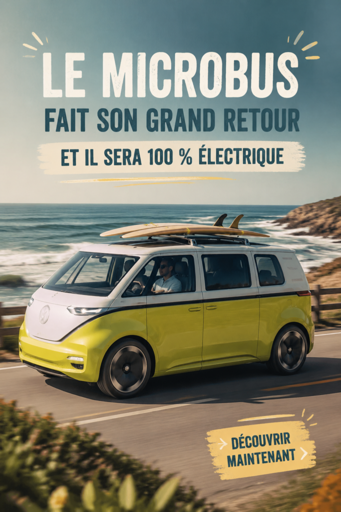 Microbus Volkswagen électrique en pleine nature, symbole de liberté et d'aventure.